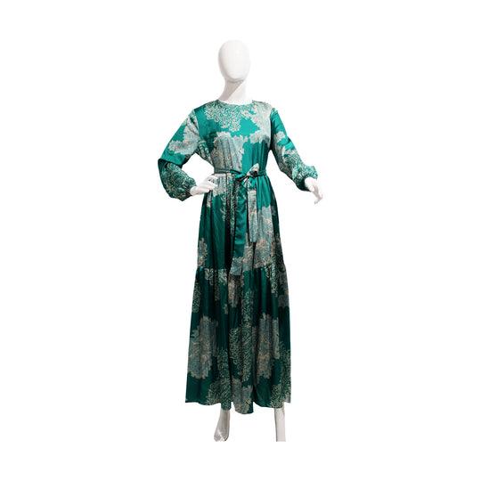 SATIN LONG DRESS | GREEN PRINT | MEDIUM